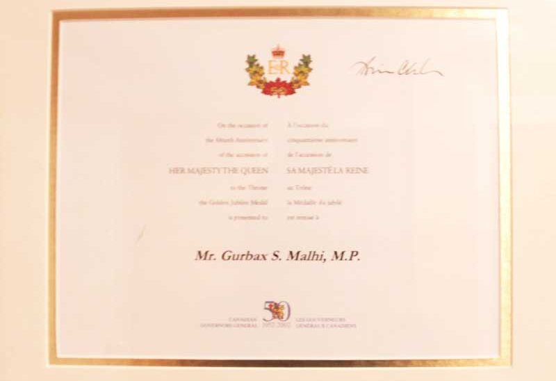 Gurbax Singh Malhi receives Queen Jubilee Medal